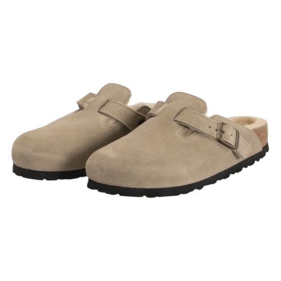 Birkenstock Boston VL Shearling Lined Clog Taupe Suede Leather 46 Mens 13 - Picture 1 of 11